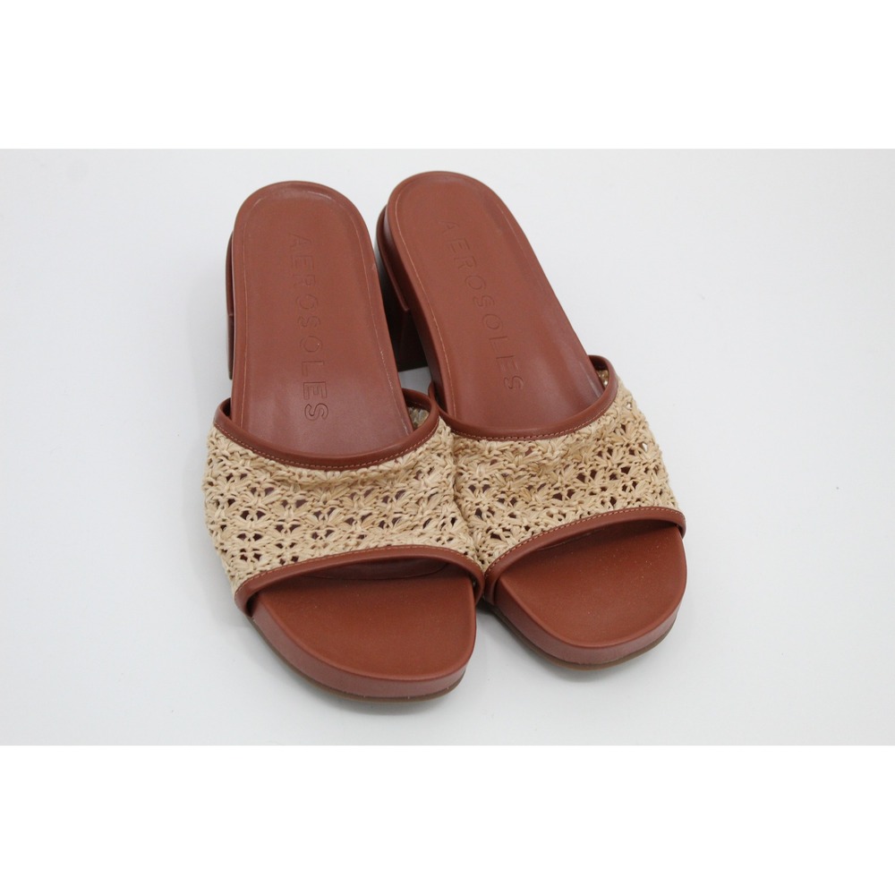 Aerosoles Clark Cognac Brown Woven Crochet Block Heel Slide Sandals Womens 11M